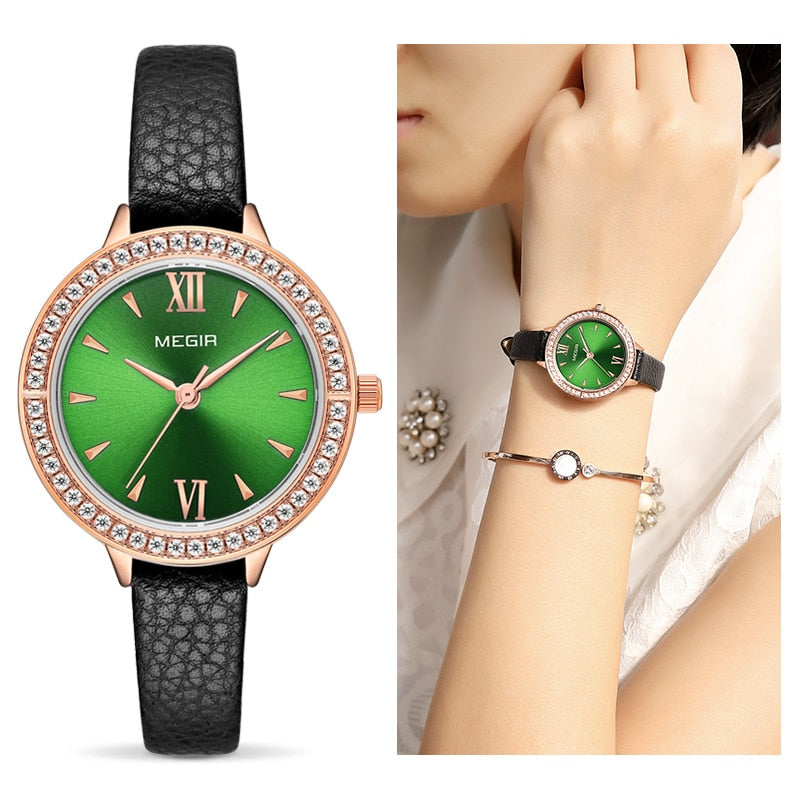 MEGIR Women Wristwatches Reloj Mujer Green Face Leather Strap Luxury Diamond Ladies Wristwatch Womeno Zegarek Damski-kopara2trade.myshopify.com-