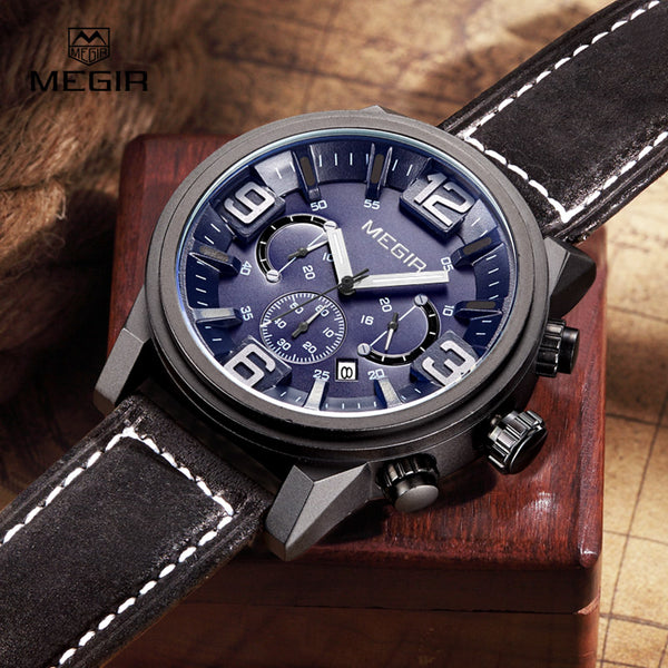 MEGIR new fashion casual quartz watch men large dial waterproof chronograph releather wrist watch relojes free shipping 3010-kopara2trade.myshopify.com-