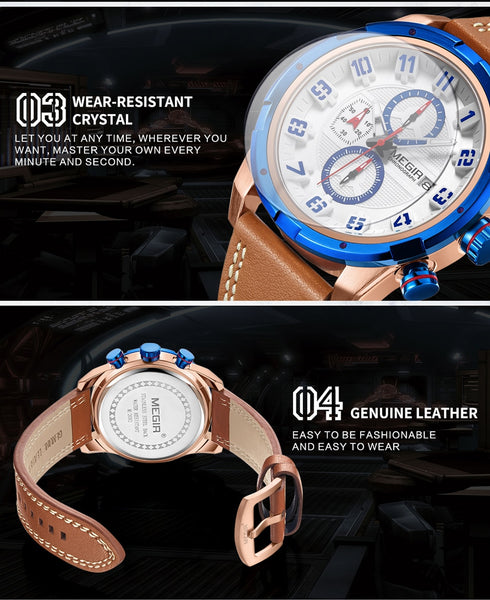 MEGIR Military Mens Wristwatches Waterproof Sport Quartz Wristwatch Men Fashion Business Chronograph Leather Clock Male-kopara2trade.myshopify.com-