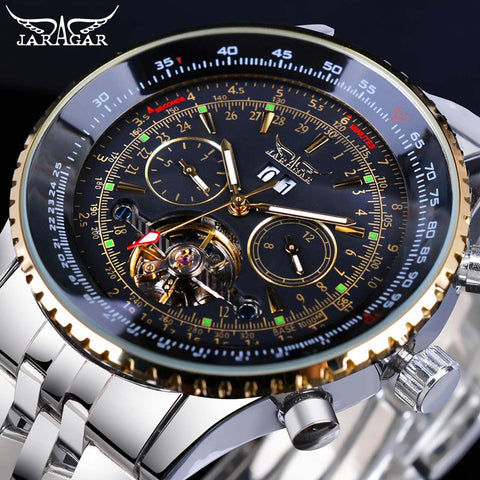 Jaragar  Flying Series Golden Bezel Scale Dial Design Stainless Steel Mens Watch Top Brand Luxury Automatic Mechanical Watch-kopara2trade.myshopify.com-