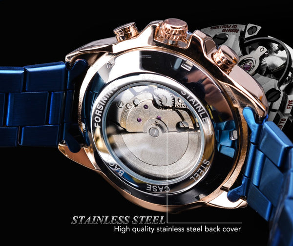 Forsining Men Blue Mechanical Wrist Wristwatches Automatic Multifunction Date Military Sport Stainless Steel Strap-kopara2trade.myshopify.com-