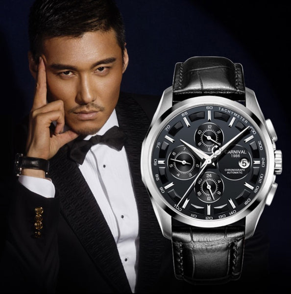 Fashion Mechanical Watch Men Luxury Brand CARNIVAL Multi Function Automatic Watches Men Self Wind Calendar Leather Band Luminous-kopara2trade.myshopify.com-