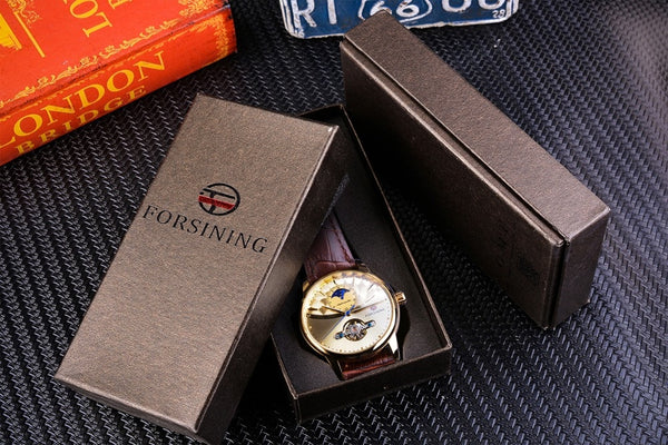 Forsining Moon Phase Automatic Watch Royal Men Golden Waterproof Mechanical Wristwatch Casual Genuine Leather Tourbillon-kopara2trade.myshopify.com-
