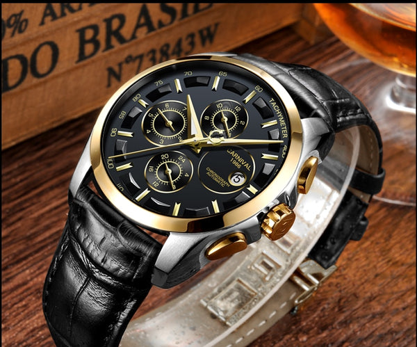 Fashion Mechanical Watch Men Luxury Brand CARNIVAL Multi Function Automatic Watches Men Self Wind Calendar Leather Band Luminous-kopara2trade.myshopify.com-