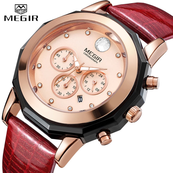 MEGIR Women Fashion Red Quartz Watch Lady Leather Chronograph High Quality Casual Waterproof Wristwatch Luxury Gift for Wife-kopara2trade.myshopify.com-