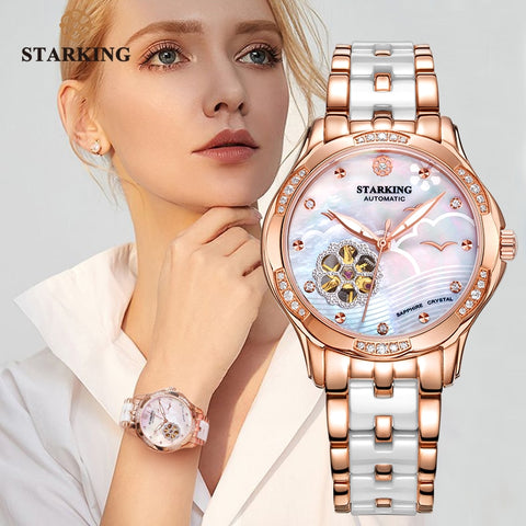 STARKING 34mm Automatic Watch Rose Gold Steel Case Vogue Dress Watches Skeleton Transparent Watch Women Mechanical Wristwatches-kopara2trade.myshopify.com-