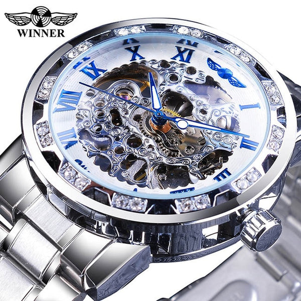 Winner Transparent Diamond Mechanical Watch Blue Stainless Steel Skeleton Watch Top Brand Luxury Business Luminous Male-kopara2trade.myshopify.com-