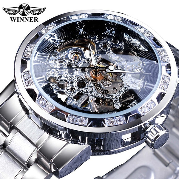 Winner Transparent Diamond Mechanical Watch Blue Stainless Steel Skeleton Watch Top Brand Luxury Business Luminous Male-kopara2trade.myshopify.com-