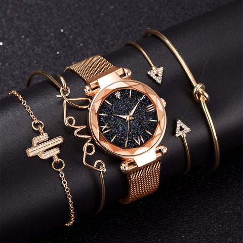 Luxury Brand Rose Gold Starry Sky Dial Watches Women Ladies Crystal Bracelet Quartz Wrist Watch 5 PCS Set Relogio Feminino-kopara2trade.myshopify.com-