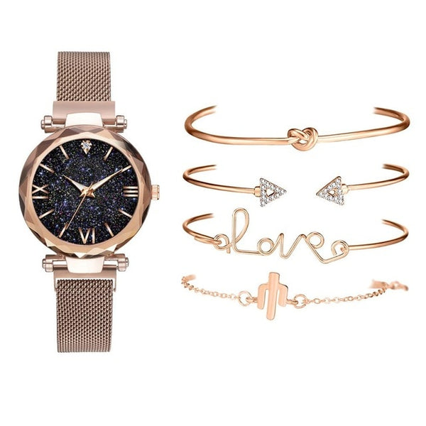 Luxury Brand Rose Gold Starry Sky Dial Watches Women Ladies Crystal Bracelet Quartz Wrist Watch 5 PCS Set Relogio Feminino-kopara2trade.myshopify.com-
