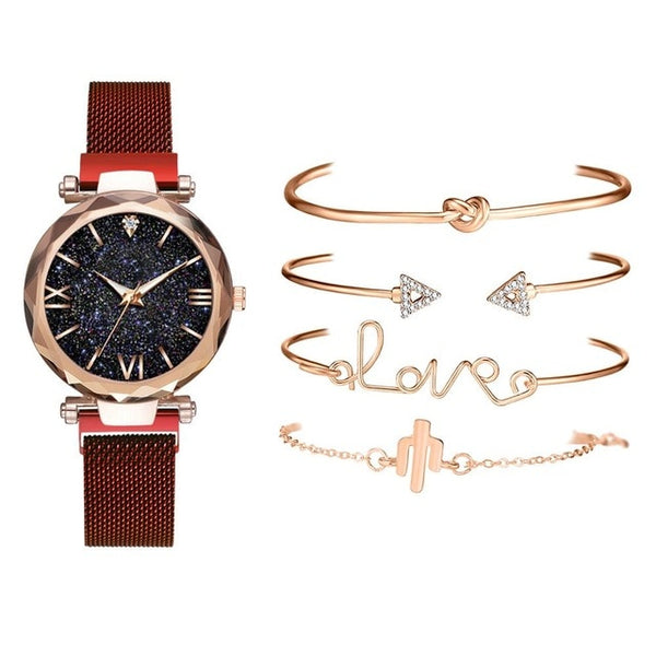 Luxury Brand Rose Gold Starry Sky Dial Watches Women Ladies Crystal Bracelet Quartz Wrist Watch 5 PCS Set Relogio Feminino-kopara2trade.myshopify.com-