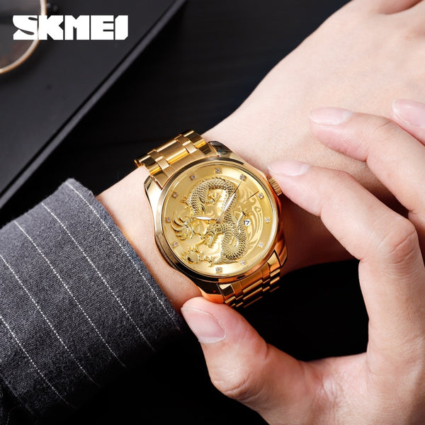 SKMEI Mens Watches Top Brand Luxury Golden Quartz Watch Men 3Bar Waterproof Date Display Stainless Steel Strap Wristwatches 9193-kopara2trade.myshopify.com-