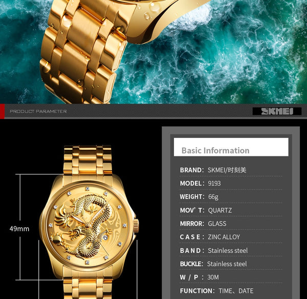 SKMEI Mens Watches Top Brand Luxury Golden Quartz Watch Men 3Bar Waterproof Date Display Stainless Steel Strap Wristwatches 9193-kopara2trade.myshopify.com-