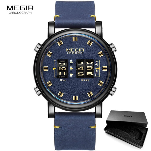 MEGIR 2019 New Top Band Watches Men Military Sport Brown Leather Quartz Wrist Watch Luxury Drum Roller relogio masculino 2137-kopara2trade.myshopify.com-
