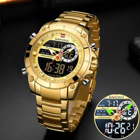 NAVIFORCE Men Military Sport Wrist Watch Gold Quartz Steel Waterproof Dual Display Male Watches Relogio Masculino 9163-kopara2trade.myshopify.com-