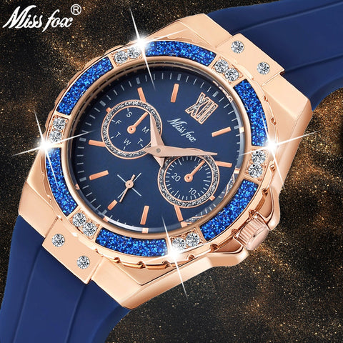 MISSFOX Women's Watches Chronograph Rose Gold Sport Watch Ladies Diamond Blue Rubber Band Xfcs Analog Female Quartz Wristwatch-kopara2trade.myshopify.com-