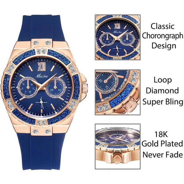 MISSFOX Women's Watches Chronograph Rose Gold Sport Watch Ladies Diamond Blue Rubber Band Xfcs Analog Female Quartz Wristwatch-kopara2trade.myshopify.com-