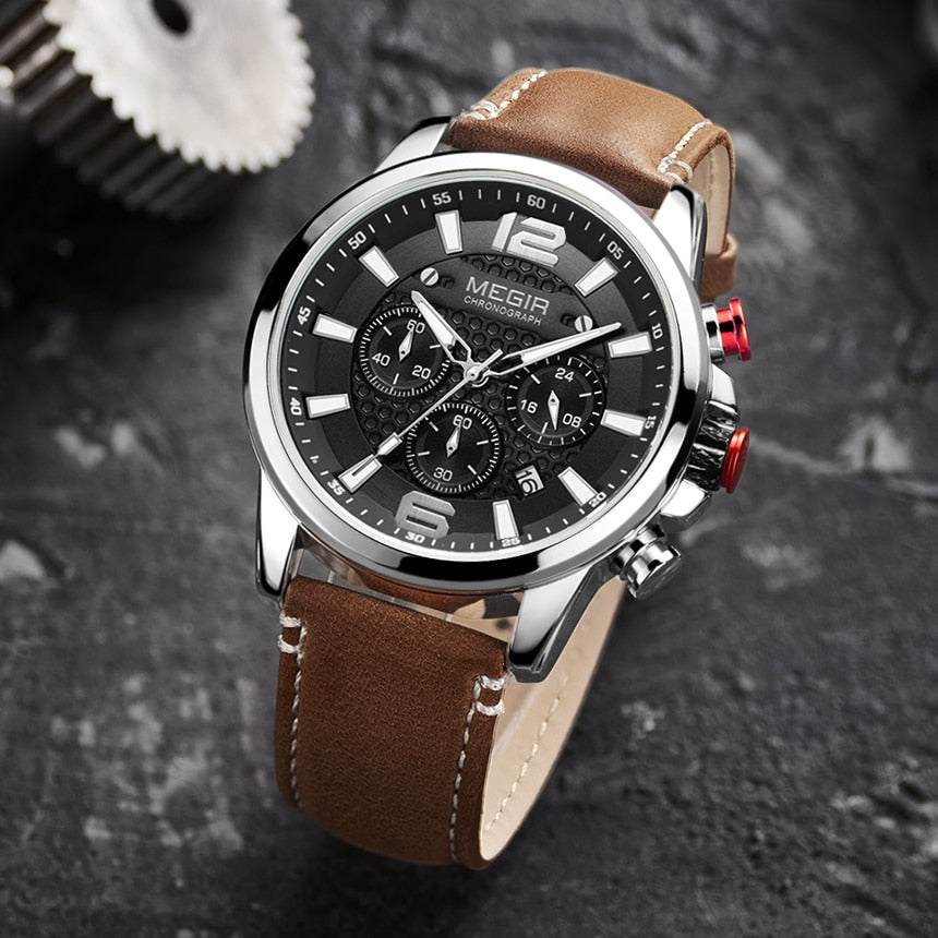 MEGIR Men's Quartz Wrist Watch Man with Leather Strap Chronograph Sports Men's Watches Waterproof Men Quartz Wristwatches-kopara2trade.myshopify.com-