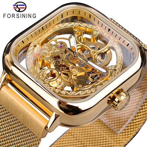 Forsining Men Mechanical Watches Automatic Self-Wind Golden Transparent Fashion Mesh Steel Wristwatch Skeleton Man Male Hot Hour-kopara2trade.myshopify.com-