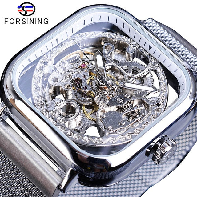 Forsining Men Mechanical Watches Automatic Self-Wind Golden Transparent Fashion Mesh Steel Wristwatch Skeleton Man Male Hot Hour-kopara2trade.myshopify.com-