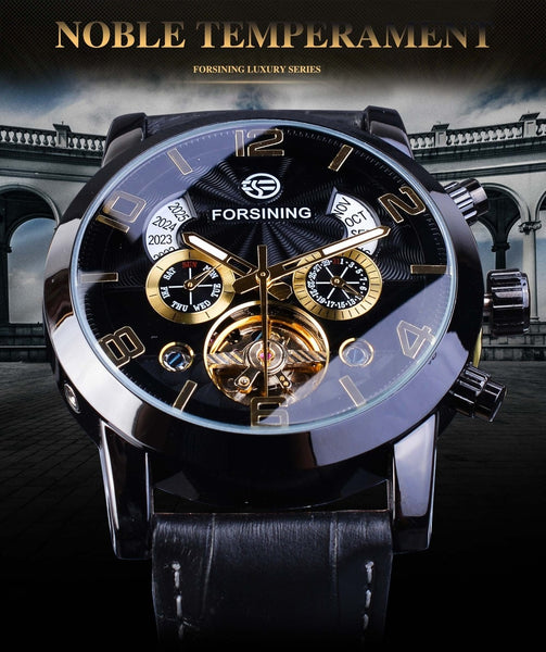 Forsining Tourbillion Fashion Wave Black Golden Multi Function Display Mens Automatic Mechanical Watches Top Brand Luxury-kopara2trade.myshopify.com-