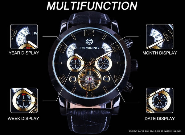 Forsining Tourbillion Fashion Wave Black Golden Multi Function Display Mens Automatic Mechanical Watches Top Brand Luxury-kopara2trade.myshopify.com-