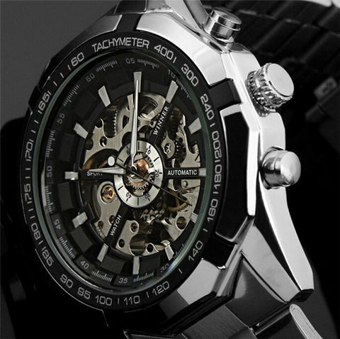 WINNER automatic Wristwatches Branded Mens Classic Stainless Steel Self Wind Skeleton Mechanical Wristwatch Fashion Cross Wristwatch-kopara2trade.myshopify.com-Watch