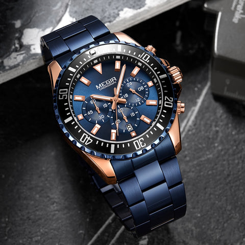 MEGIR Luxury Brand Men's Watches Blue Stainless Steel Band Business Quartz Watch Men Chronograph Army Military Wrist Watch Man-kopara2trade.myshopify.com-