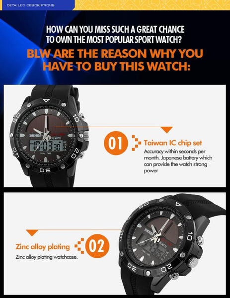 Watches Men Waterproof Solar Power Sports Casual Watch Man Men's Wristwatches 2 Time Zone Digital Quartz LED  Men-kopara2trade.myshopify.com-