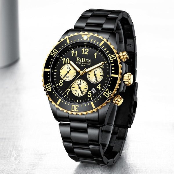Luxury Gold Chronograph Men Watches Big Dial Stainless Steel Calendar Sport Business Male Wristwatch BIDEN Top Brand-kopara2trade.myshopify.com-