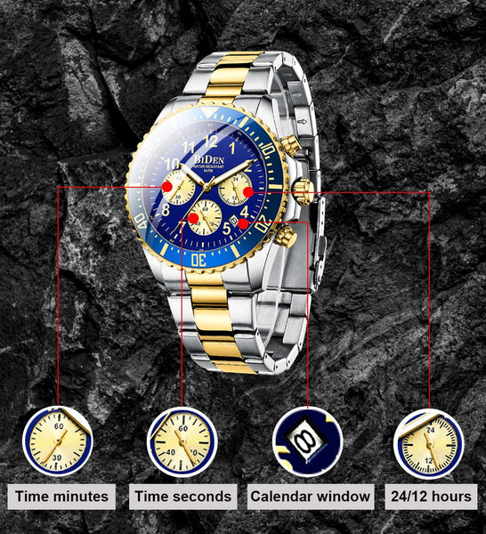 Luxury Gold Chronograph Men Watches Big Dial Stainless Steel Calendar Sport Business Male Wristwatch BIDEN Top Brand-kopara2trade.myshopify.com-