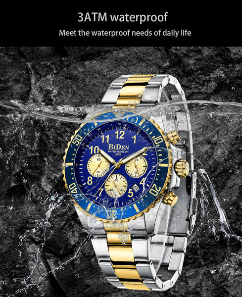 Luxury Gold Chronograph Men Watches Big Dial Stainless Steel Calendar Sport Business Male Wristwatch BIDEN Top Brand-kopara2trade.myshopify.com-