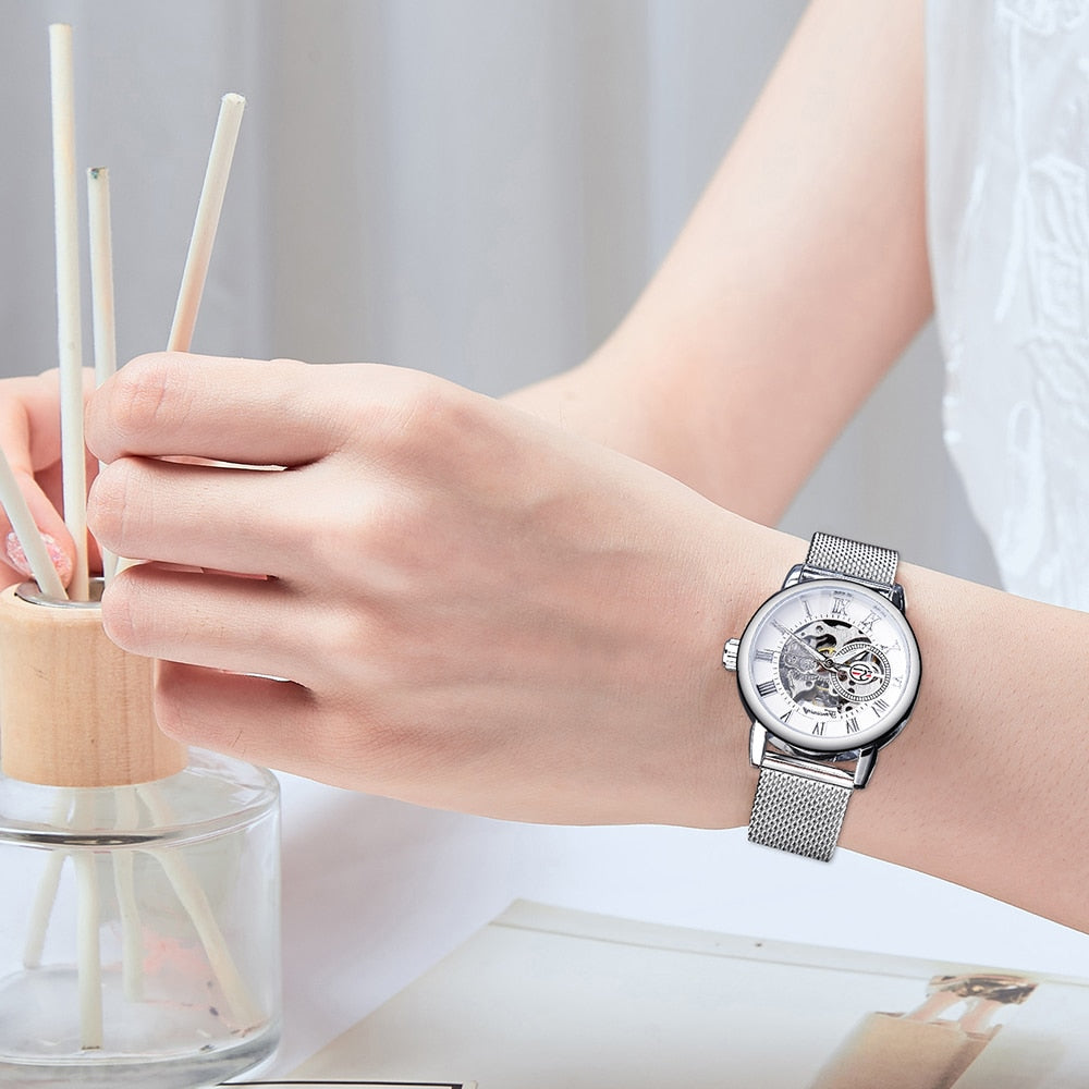 Forsining Fashion Luxury Silver Skeleton Women Mechanical Watch Roman Numerals Transparent Watches Stainless Steel-kopara2trade.myshopify.com-