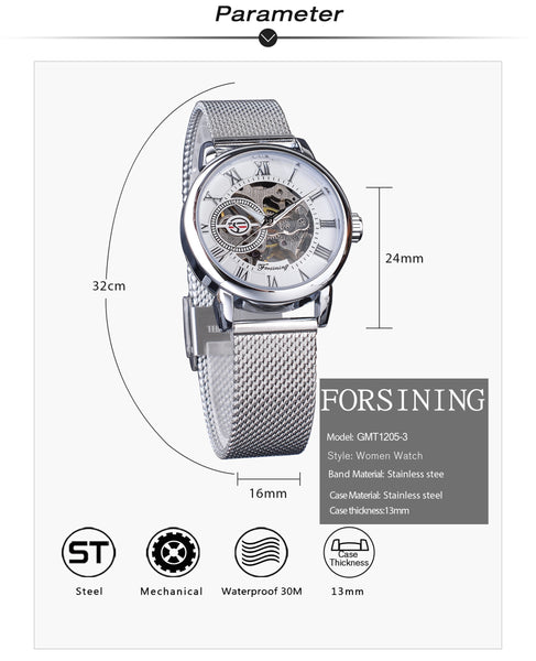 Forsining Fashion Luxury Silver Skeleton Women Mechanical Watch Roman Numerals Transparent Watches Stainless Steel-kopara2trade.myshopify.com-