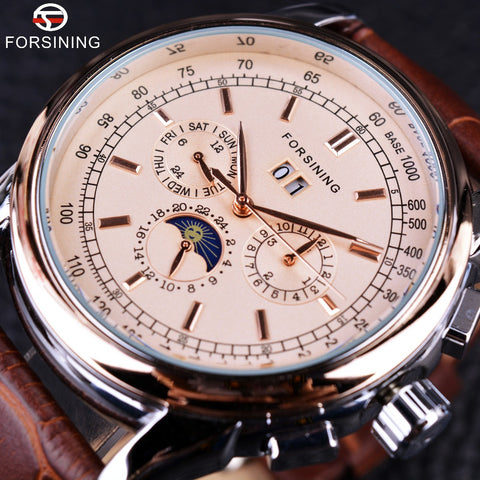 Forsining Moon Phase  Movement Rose Gold Case Brown Genuine Leather Strap Mens Wristwatches Top Brand Luxury Auotmatic Wristwatch-kopara2trade.myshopify.com-Watch