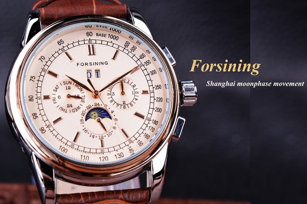 Forsining Moon Phase  Movement Rose Gold Case Brown Genuine Leather Strap Mens Wristwatches Top Brand Luxury Auotmatic Wristwatch-kopara2trade.myshopify.com-Watch