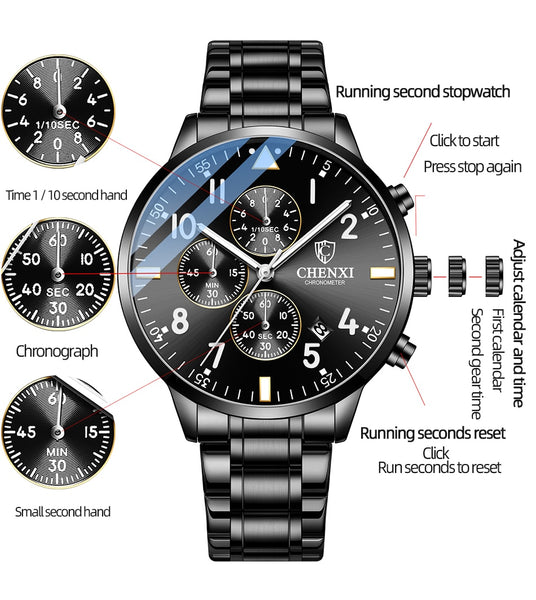 CHENXI Fashion New Men Watches Sport Waterproof Top Brand Luxury Chronograph Quartz Watch Full Steel Men Clock Relogio Masculino-kopara2trade.myshopify.com-