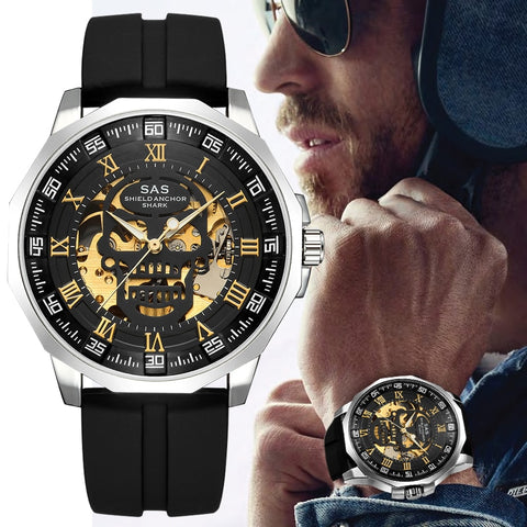 Shark Sports Watch Men Fashion 3D Skull Design SAS Shield Anchor Vintage Mechanical Watches Silicone Strap Skeleton Wirst Watch-kopara2trade.myshopify.com-