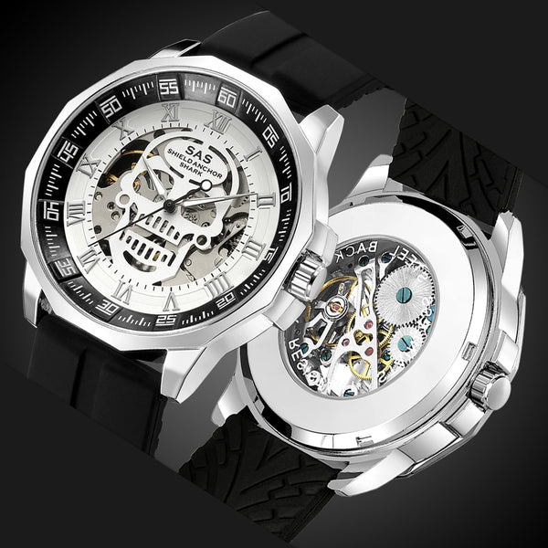 Shark Sports Watch Men Fashion 3D Skull Design SAS Shield Anchor Vintage Mechanical Watches Silicone Strap Skeleton Wirst Watch-kopara2trade.myshopify.com-