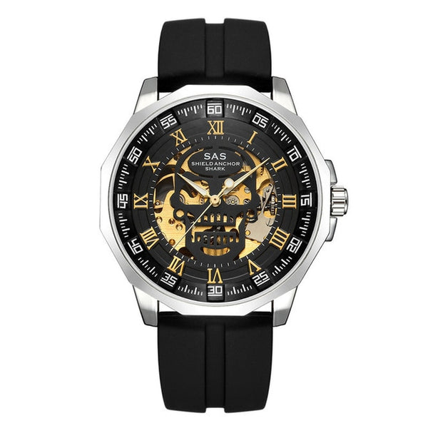 Shark Sports Watch Men Fashion 3D Skull Design SAS Shield Anchor Vintage Mechanical Watches Silicone Strap Skeleton Wirst Watch-kopara2trade.myshopify.com-