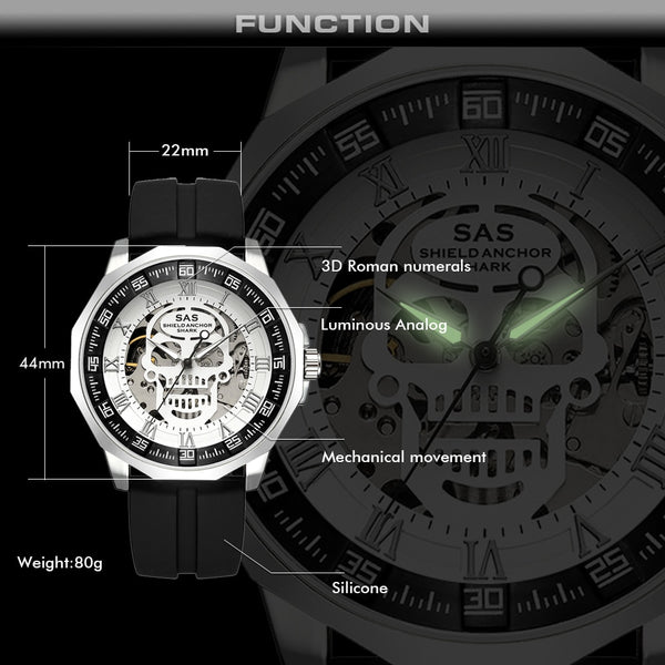 Shark Sports Watch Men Fashion 3D Skull Design SAS Shield Anchor Vintage Mechanical Watches Silicone Strap Skeleton Wirst Watch-kopara2trade.myshopify.com-