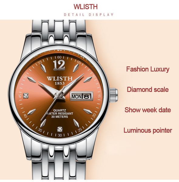 Women Dress Watch Rose Gold Stainless Steel WLISTH Brand Fashion Ladies Wristwatch Week Date Quartz Female Luxury Watches