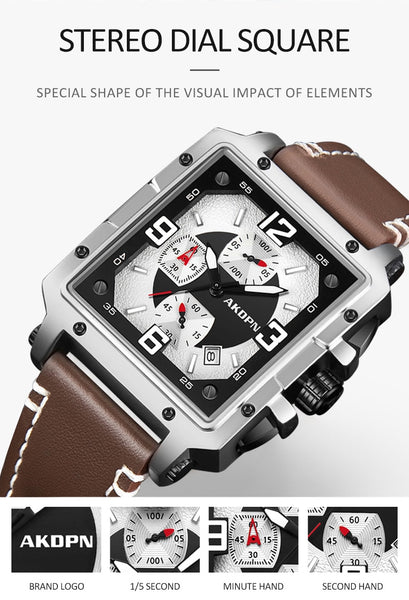 Military Square Men's Watch Multifunction Quartz Watch Big Number Luminous Reloj Soft Leather Strap Clock Gift Relogio Masculine-kopara2trade.myshopify.com-