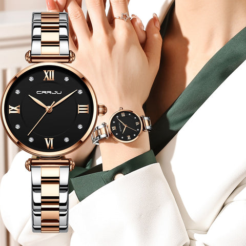 Watches for Women Luxury Brand CRRJU Elegant Thin Quartz Wristwatch with Stainless Steel Simple Female-kopara2trade.myshopify.com-