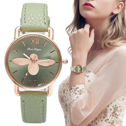 RONATA Simple Little bee Design Women WristWatches Vintage Green Leather Ladies Luxury Wristwatches Fashion Casual Female Quartz-kopara2trade.myshopify.com-