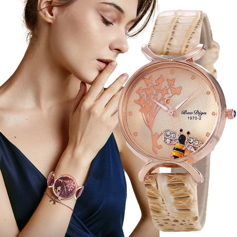 RONATA Mobile Bee Women Fashion Watches Luxury Ladies Quartz Wristwatches Casual White Women Leather-kopara2trade.myshopify.com-