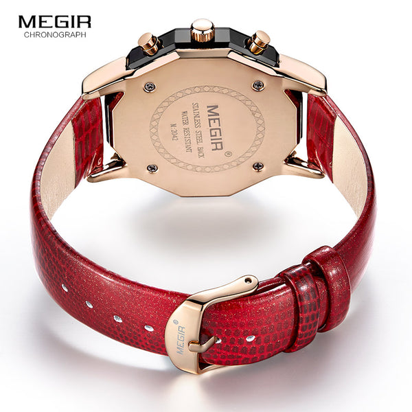 Megir Women's 24-hour Chronograph Red Leather Strap Quartz Wristwatches with Luminous Hands Waterproof Wristwatch for Woman Date 2042-kopara2trade.myshopify.com-Watch