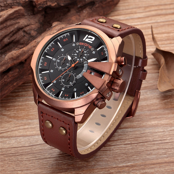SKONE Wristwatches Men Military Waterproof Leather Auto Date Quartz Wristwatch Sport Male Chronograph Wristwatch-kopara2trade.myshopify.com-
