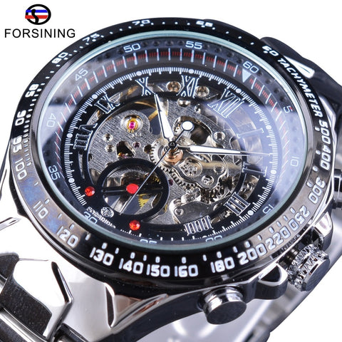 Forsining Transparent Case Open Work Silver Stainless Steel Mechanical Skeleton Sport  Wristwatch Men Top Brand Luxury Men-kopara2trade.myshopify.com-Watch