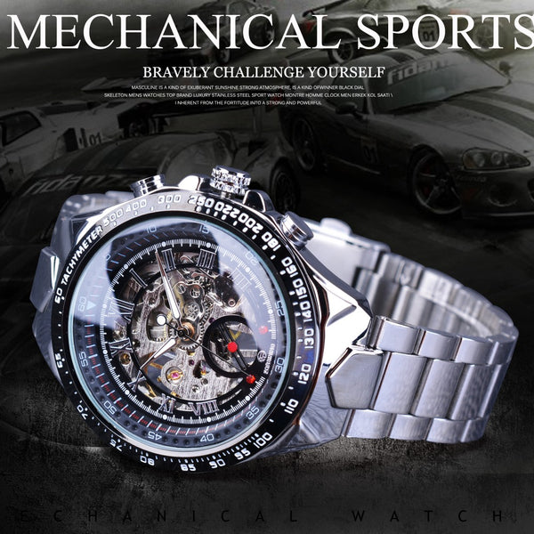 Forsining Transparent Case Open Work Silver Stainless Steel Mechanical Skeleton Sport  Wristwatch Men Top Brand Luxury Men-kopara2trade.myshopify.com-Watch